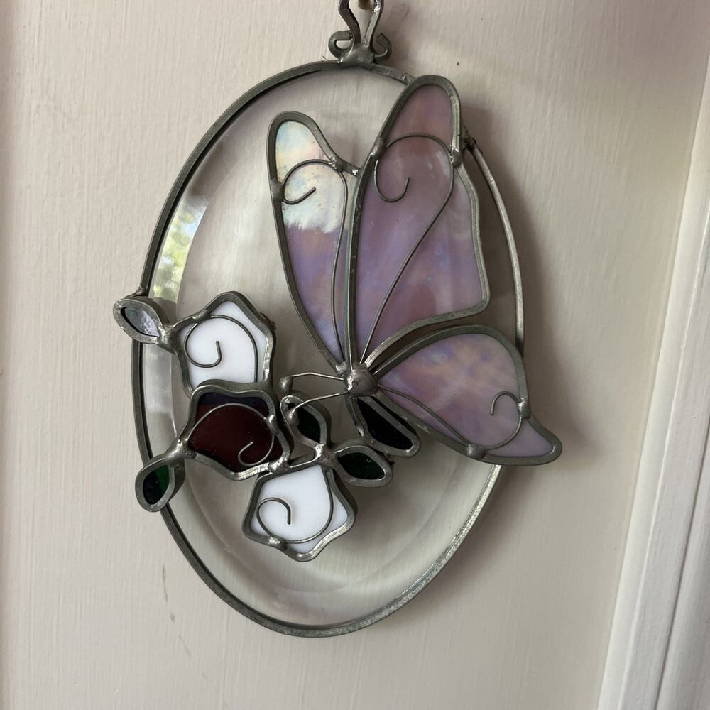 Tiffany Stained Glass Butterfly Suncatcher Hanging 3D Oval Glass Mounted Bezel